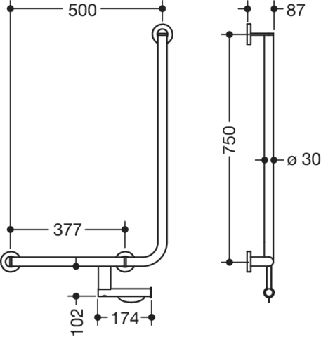 Winkelgriff, d:30, PRH, A1:750, W1:500, li, plvb weiß tiefmatt Winkelgriff, d:30, PRH, A1:750, W1:500, li, plvb weiß tiefmatt