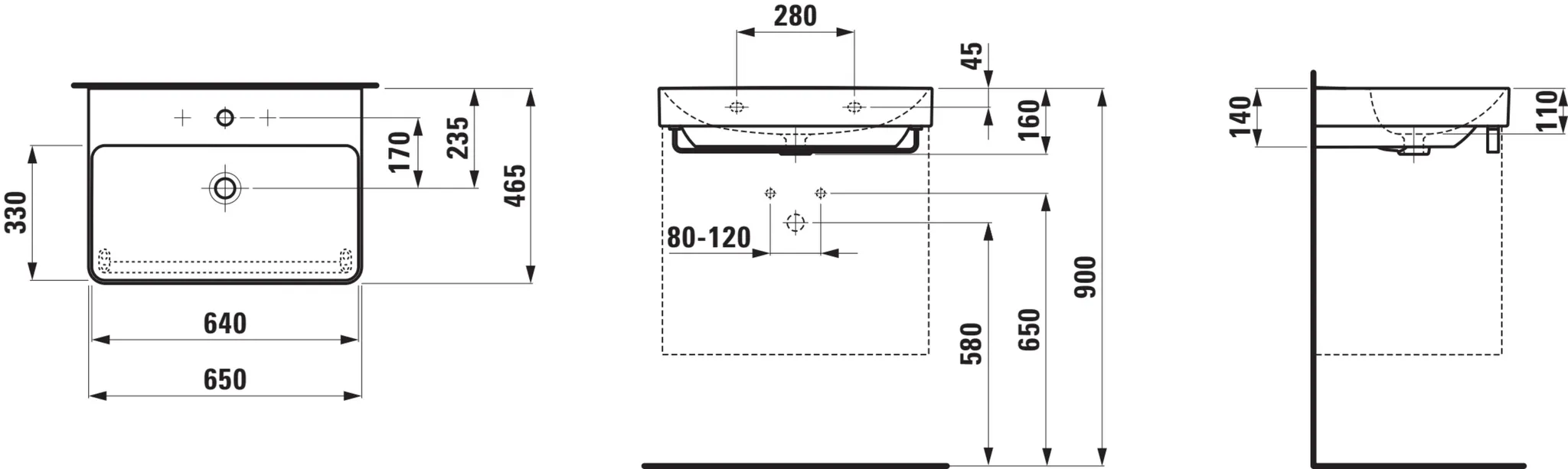 PRO X Waschtisch 810864 1HL m. mÜL, 650x465, weiß