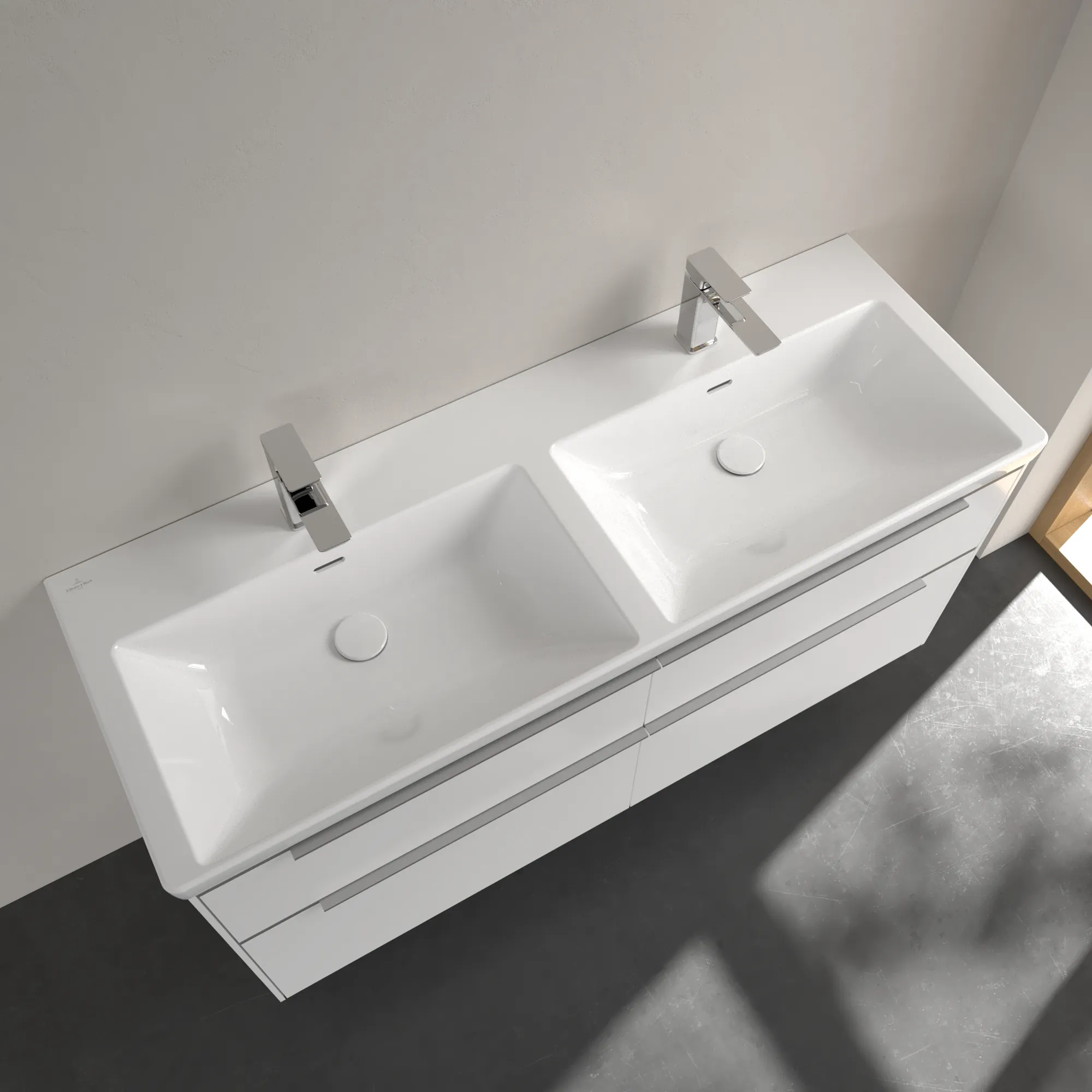 Villeroy & Boch Doppelwaschtisch aus TitanCeram „Subway 3.0“ 1300 × 475 × 165 mm, mit Hahnlochbohrung, Hahnlochposition links und rechts in Weiß Alpin Villeroy & Boch Doppelwaschtisch aus TitanCeram „Subway 3.0“ 1300 × 475 × 165 mm, mit Hahnlochbohrung, Hahnlochposition links und rechts in Weiß Alpin