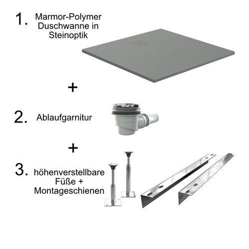 HSK quadrat Marmor-Polymer-Duschwanne „Steinoptik“ 90 × 90 cm