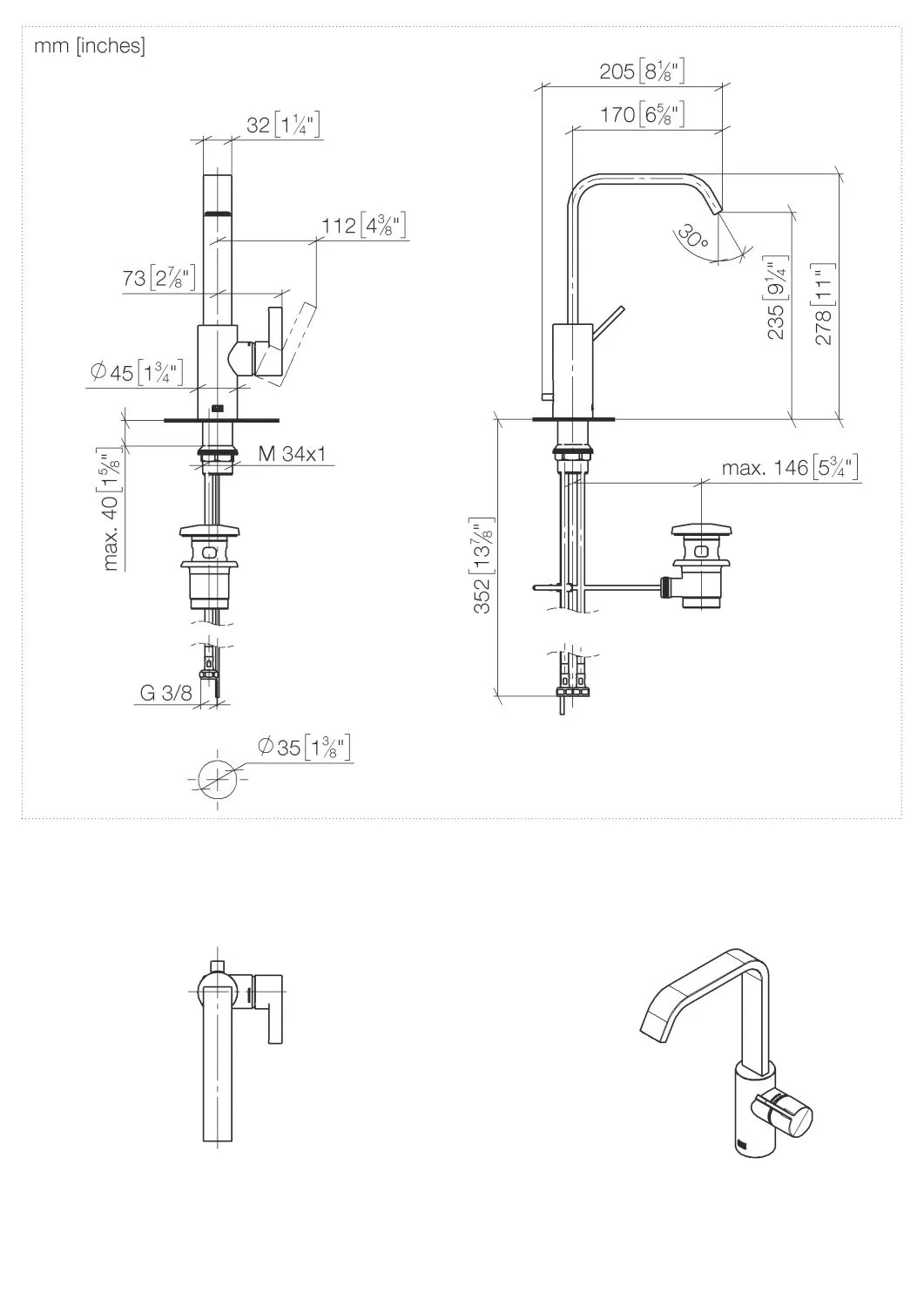 Dornbracht IMO Waschtisch-Einhandbatterie mit hohem Auslauf, Gold gebürstet PVD, Ausladung 170 mm, Armaturenhöhe 279 mm, Bohrungsdurchmesser 35 mm