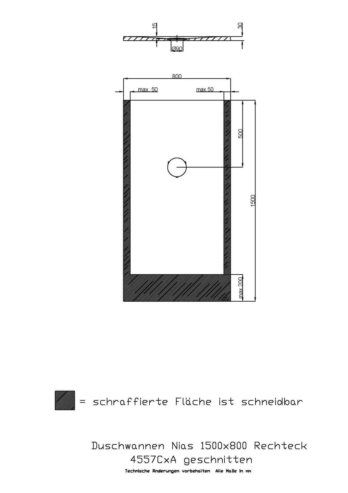 Hoesch rechteck Duschwanne geschnitten „Nias“ mit strukturierter Oberfläche 150 × 80 cm in Telegrau