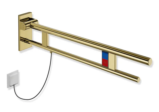 HEWI Stützklappgriff Duo System 900, Design A, Edelstahl PVD gold glänzend, Ausladung 850 mm, links, mit Spül-/Funktionstasten E-Ausführung