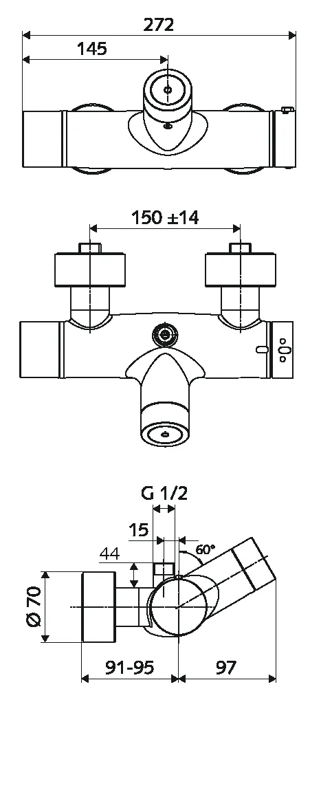 Aufputz-Duscharmatur VITUS VD-C-T / o, Mischwasser, Thermostat, Elektronisch, Selbstschluss, 2 RFV, Batteriefach, Thermische Desinfektion, 2x DN 15 G 1/2 AG, DN 15 G 1/2 AG (oben), chrom