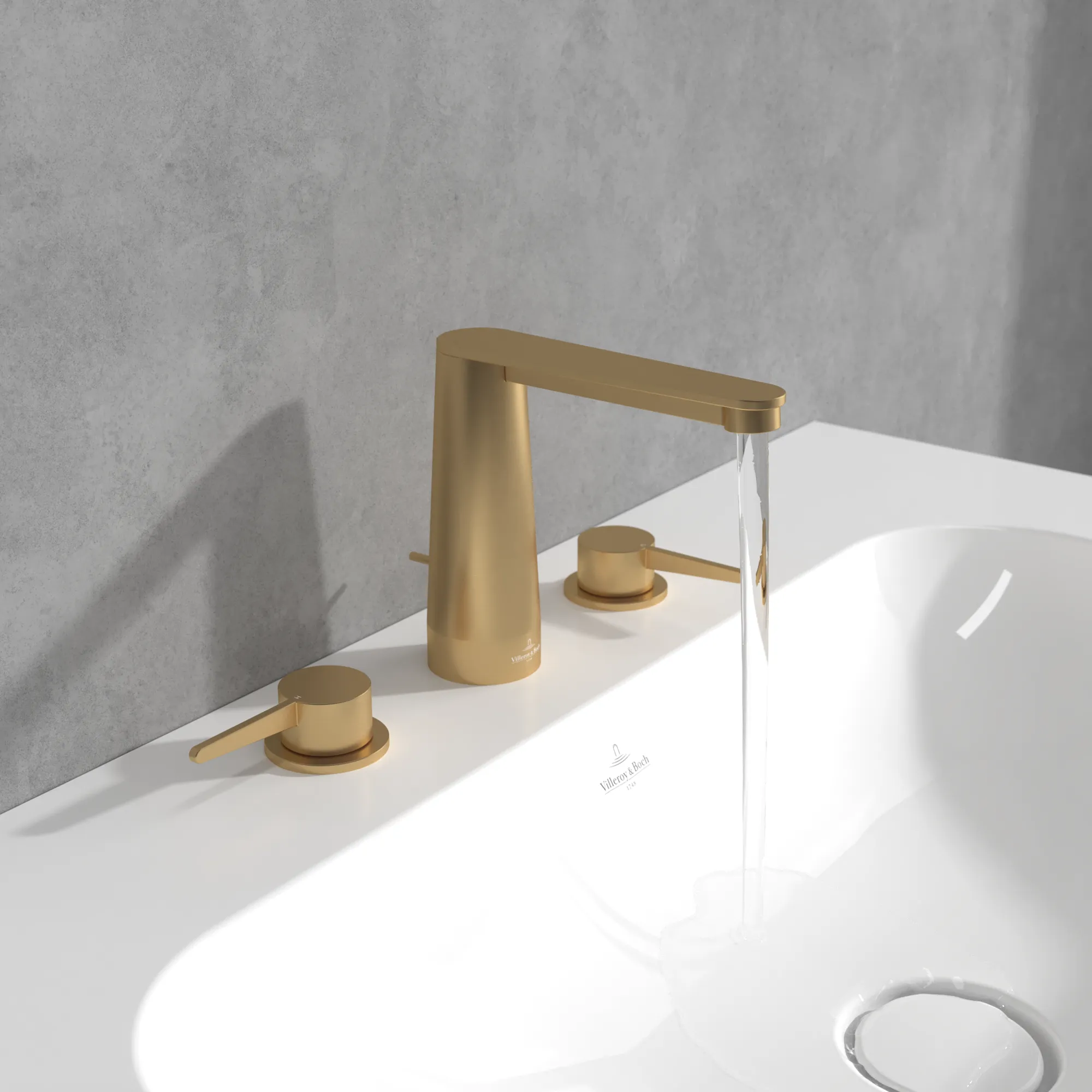 Villeroy & Boch Conum Dreiloch-Waschtischarmatur, Brushed Gold, 440x165x144mm, Keramikkartusche, Laminarstrahl, SmartPressure