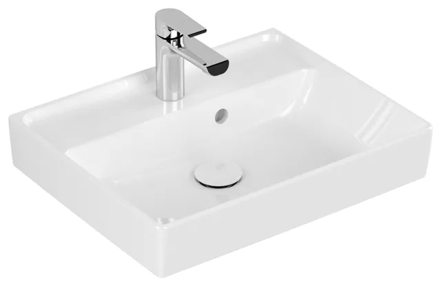Villeroy & Boch Handwaschbecken aus TitanCeram geschliffen „Collaro“ 500 × 400 × 150 mm, mit Hahnlochbohrung, Hahnlochposition mittig in Weiß Alpin