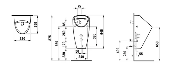 Absaugeurinal CAPRINO PLUS 350x320x645, spülrandlos, Wasserzulauf innen mit elektronischer Steuerung Netzbetrieb (230V) mit Bluetooth weiß
