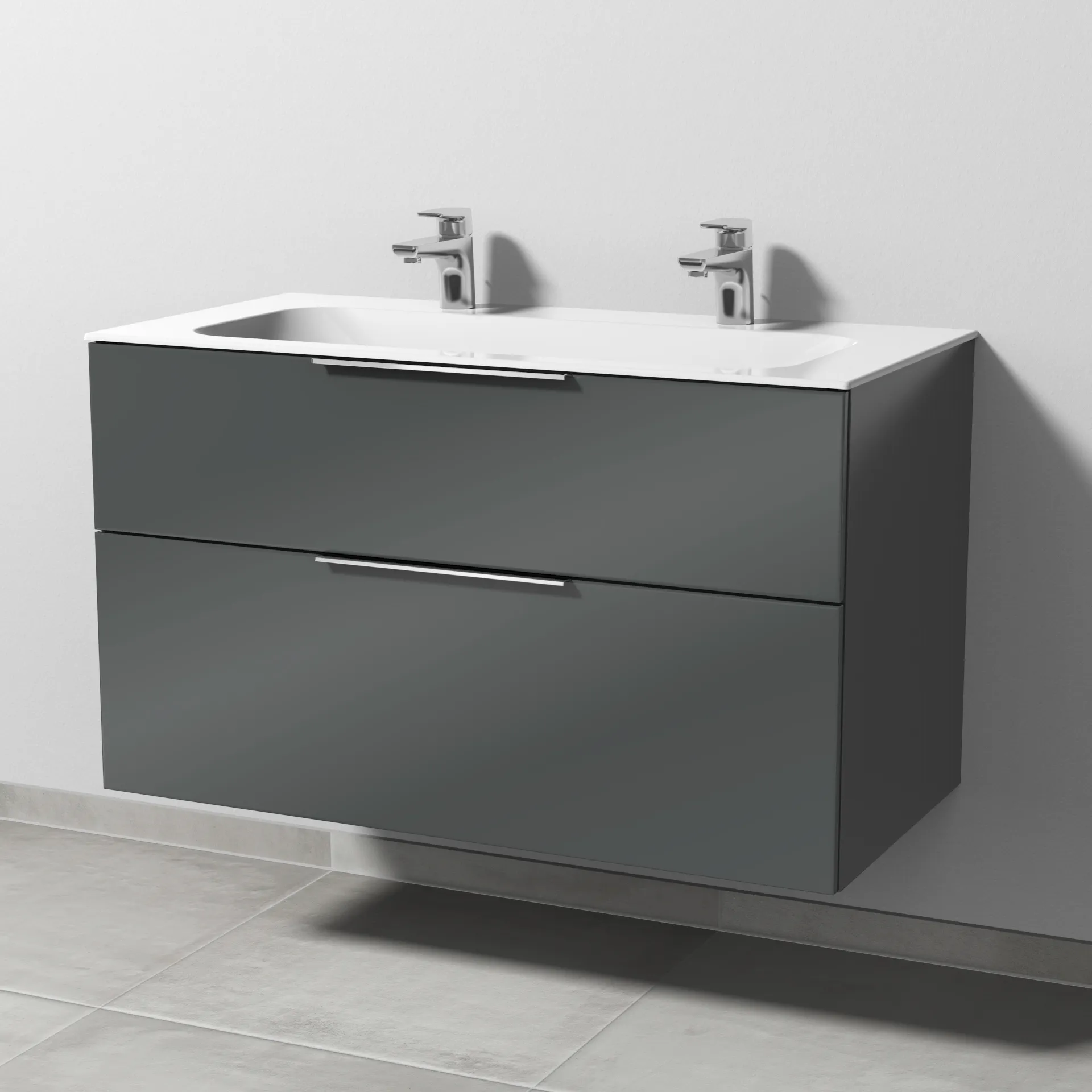 Keramik-Waschtisch-Set mit Waschtischunterschrank „3way“ 99 × 49,7 × 58,2 cm in Anthrazit (glanz), mit Hahnlochbohrung, Becken mittig