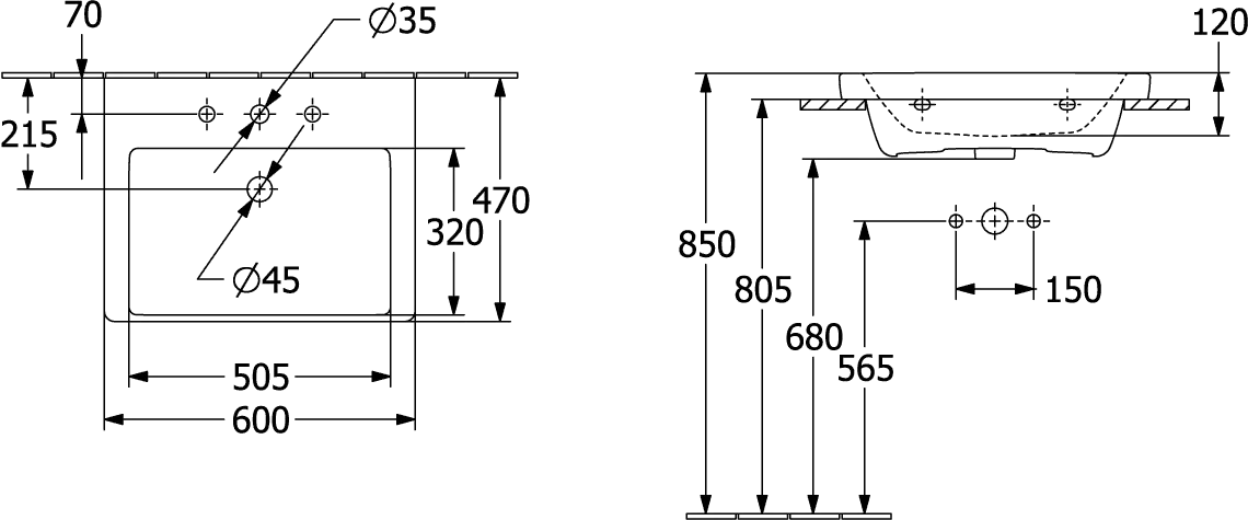 Wandwaschtisch aus TitanCeram geschliffen „Subway 3.0“ 60 × 47 × 16,5 × 16,5 cm, ohne Hahnlochbohrung, Hahnlochposition mittig