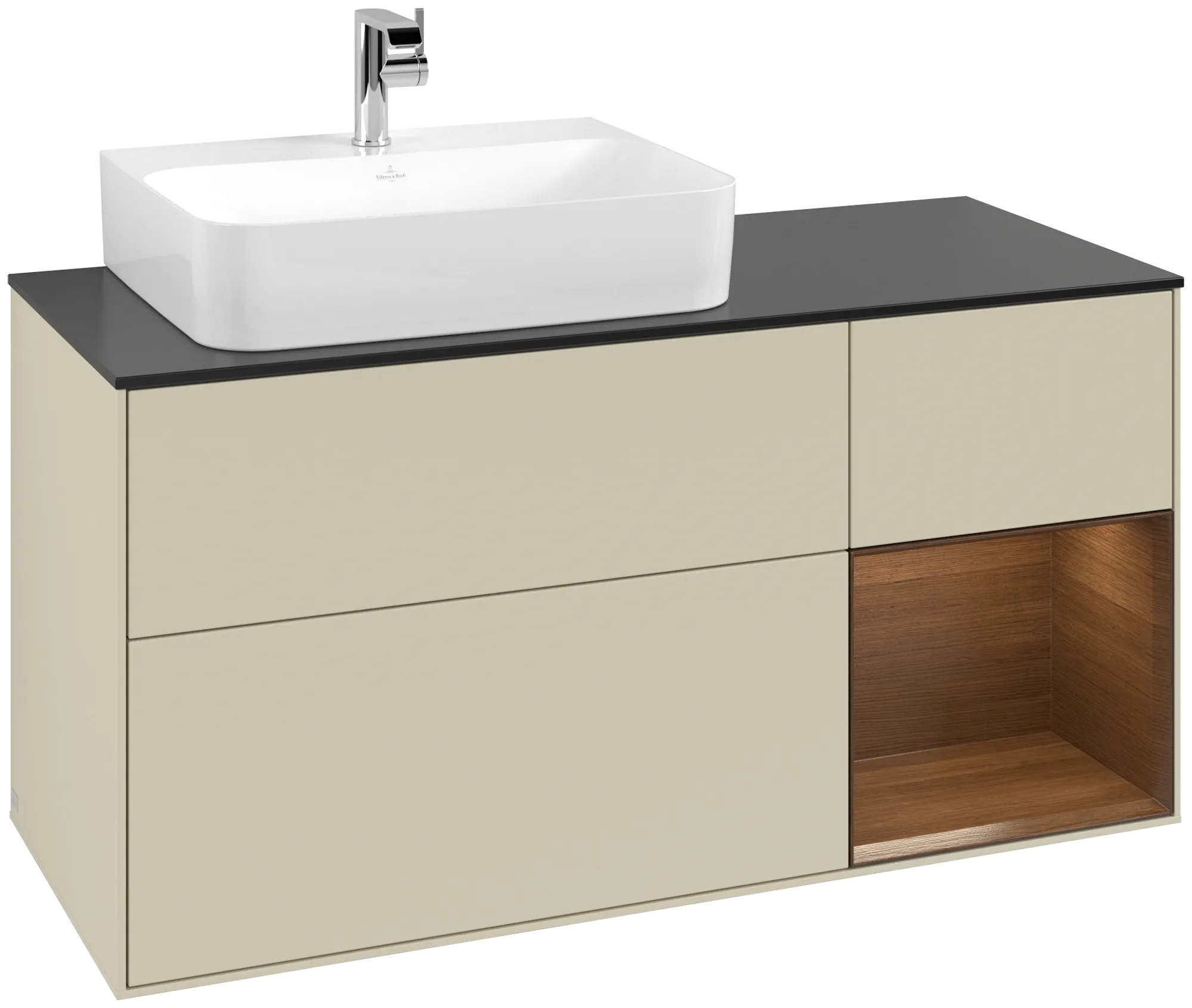 Villeroy & Boch Finion Waschbeckenunterschrank G15, 1200x603x501mm, Silk Grey Matt Lacquer / Walnut Veneer / Glass Black Matt