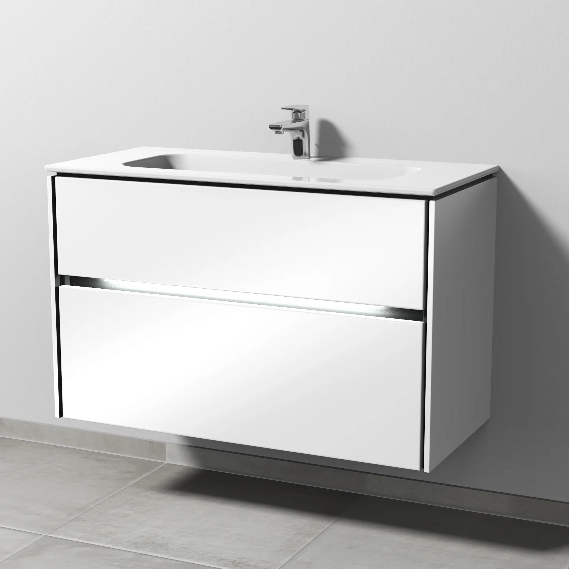 Keramik-Waschtisch-Set mit Waschtischunterschrank „Twiga“ 99 × 46 × 61 cm in Weiß (glanz), mit Hahnlochbohrung, mit Beleuchtung
