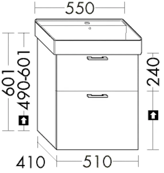 Waschtischunterschrank Sys30 von burgbad – passend zu Villeroy & Boch Collaro 4A3355, 1 Schublade oben, 300 mm tief, Siphonausschnitt, 1 Auszug unten, 350 mm tief, Maße: 510 x 410 x 601 mm