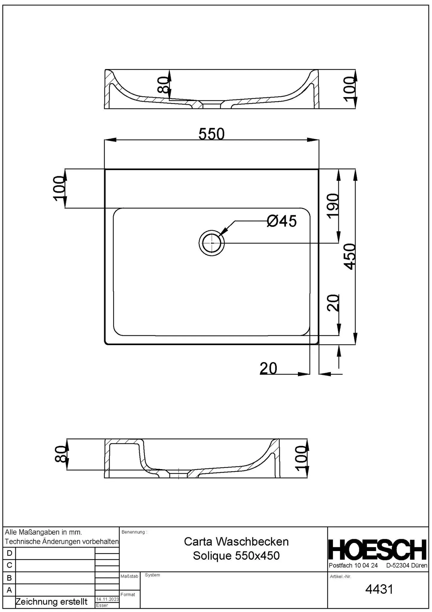 Hoesch Carta Aufsatz-Waschbecken Mineralguss Solique, Weiß matt