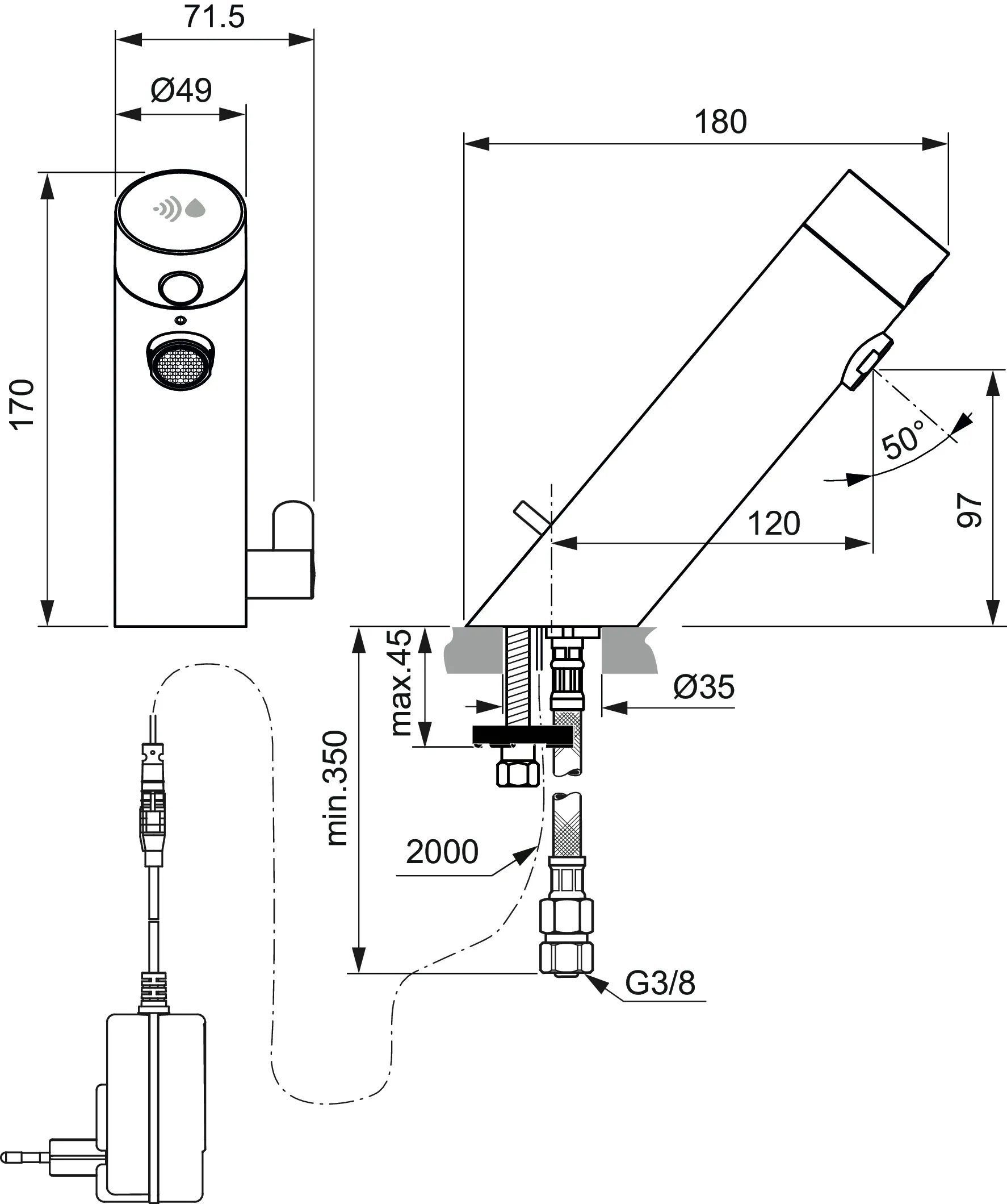 Sensor-Waschtischarmatur Sensorflow mit Mischung Ausladung 120mm Netzteil Chrom Sensor-Waschtischarmatur Sensorflow mit Mischung Ausladung 120mm Netzteil Chrom