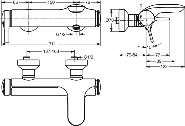 Badearmatur Aufputz Melange, Ausladung 168mm, Chrom Badearmatur Aufputz Melange, Ausladung 168mm, Chrom