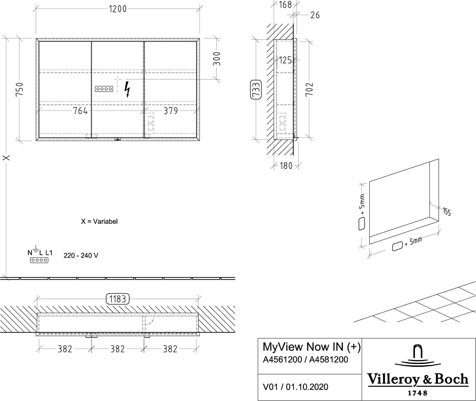 Villeroy & Boch Einbau-Spiegelschrank „My View+“ 1200 × 750 × 168 mm in Arizona Oak