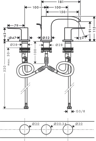 3-Loch Waschtischarmatur 95 Vivenis mit Zugstangen-Ablaufgarnitur chrom 3-Loch Waschtischarmatur 95 Vivenis mit Zugstangen-Ablaufgarnitur chrom