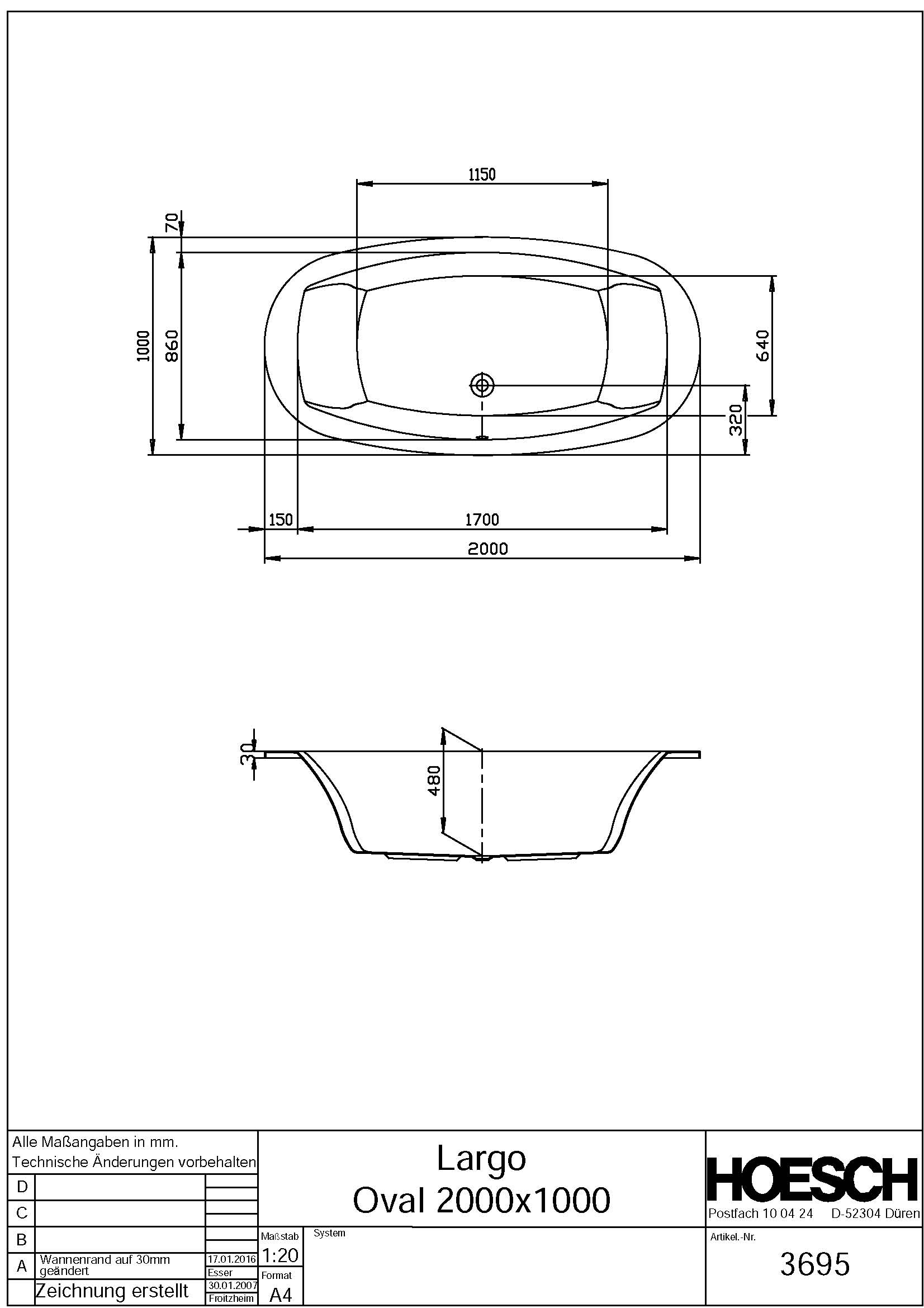 Hoesch Badewanne „Largo“ oval 200 × 100 cm in 