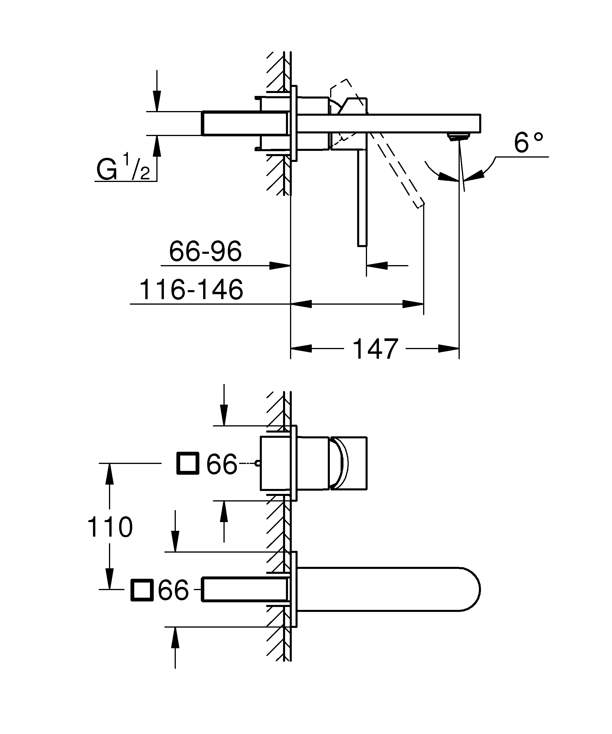 2-Loch-Waschtischbatterie Plus 29303_3, Wandmontage, Fertigmontageset für 23200, Ausladung 147 mm, chrom