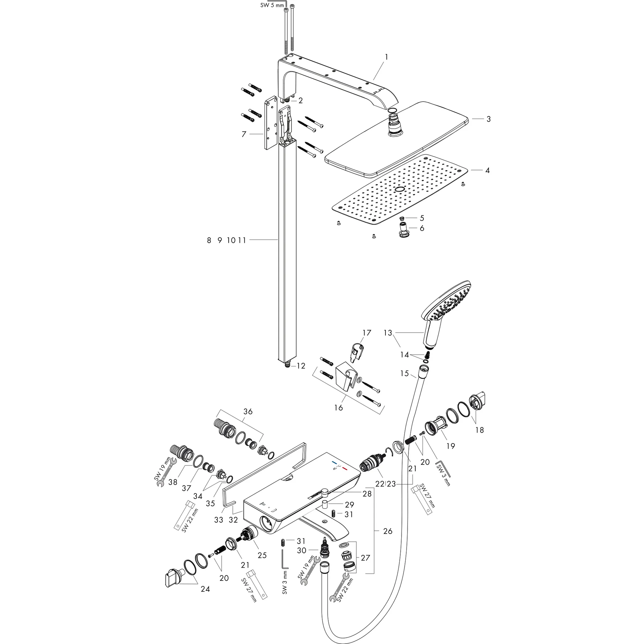 Showerpipe Raindance Select we./chr. m.KB Raindance E Air 1jet 360mm Wanne