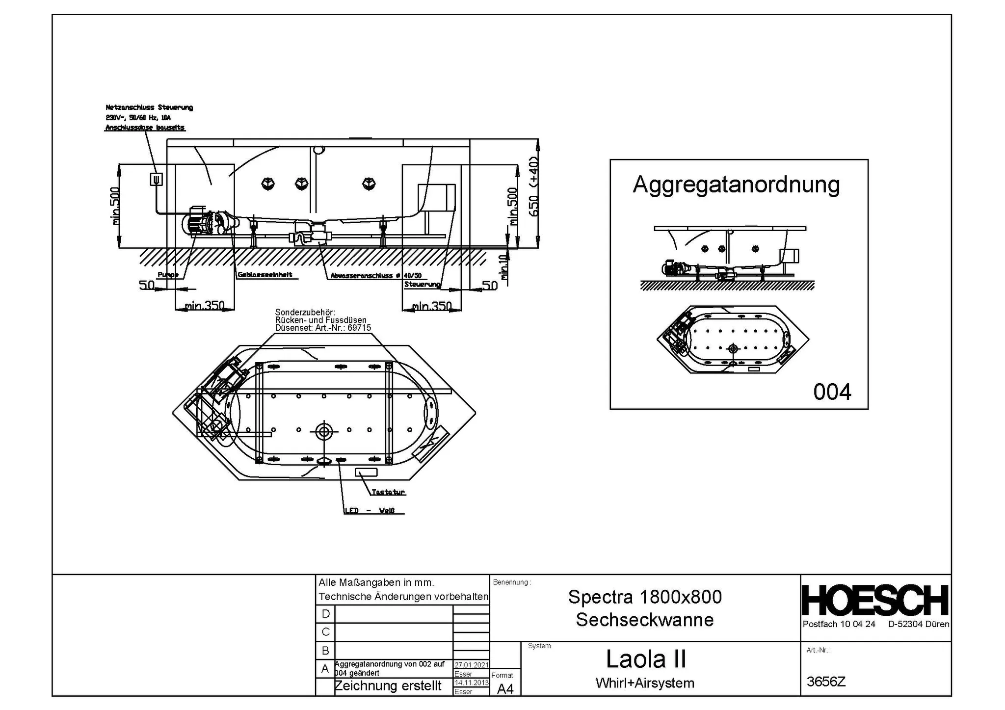 Hoesch Whirlwanne „Spectra“ mit Whirlsystem „Laola II“ sechseck 180 × 80 cm