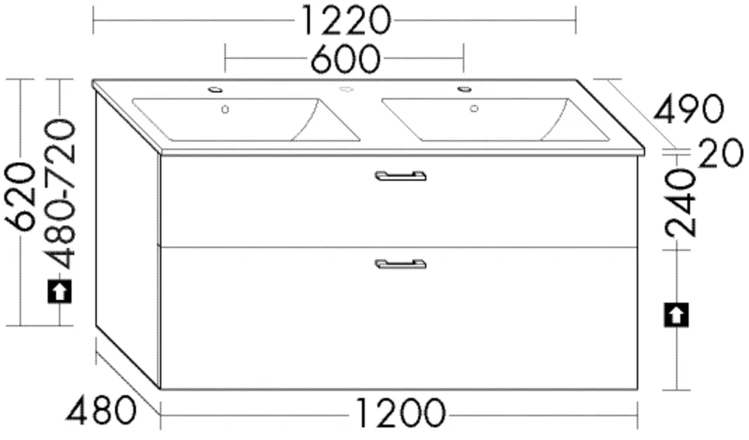 Keramik-Waschtisch Eqio slim inkl. Waschtischunterschrank - burgbad Sys30, 490x1220x620 mm, Doppelbecken 470x275 mm