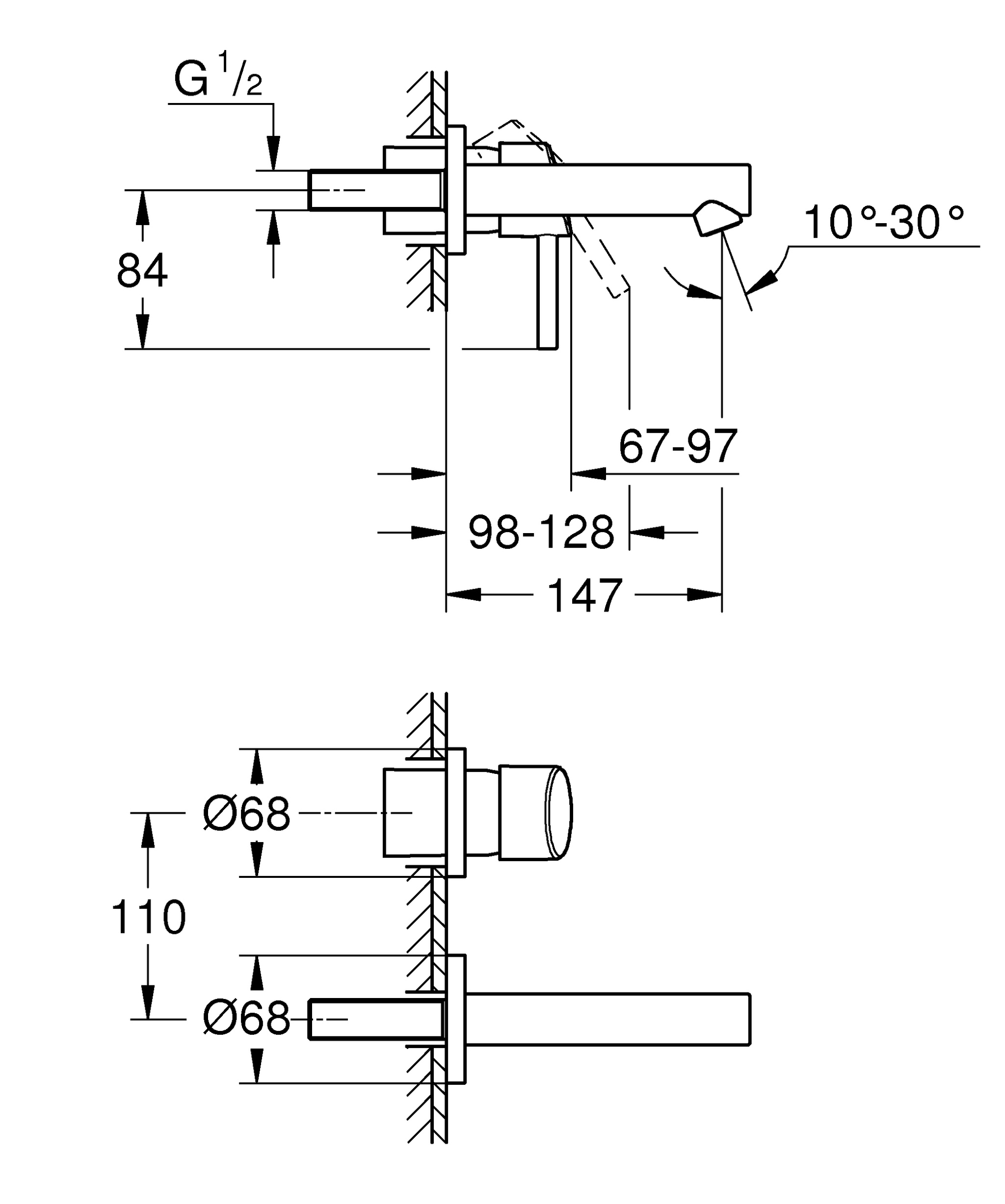 2-Loch-Waschtischbatterie Concetto 19575_1, Wandmontage, Fertigmontageset für 23 571, chrom