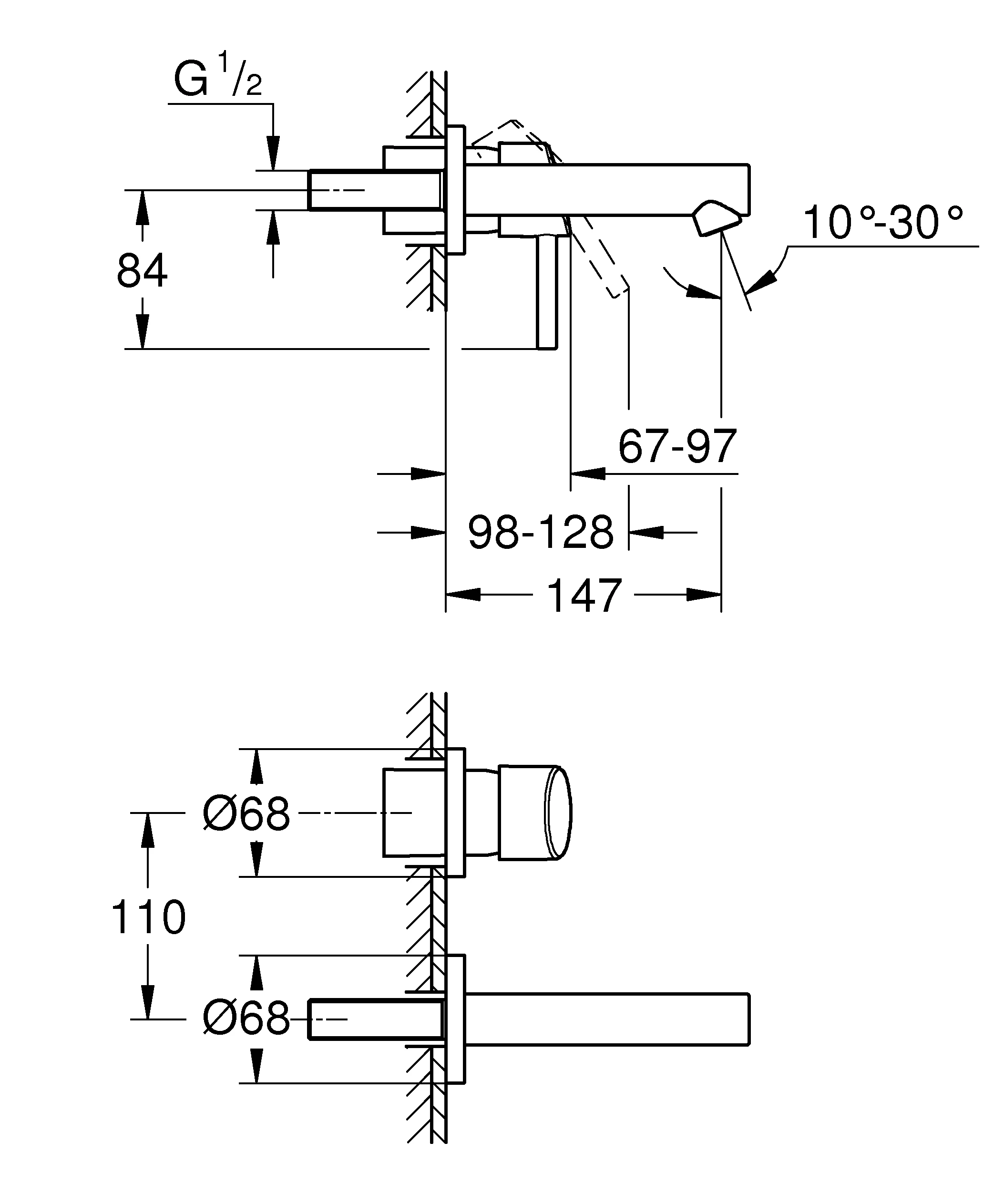 2-Loch-Waschtischbatterie Concetto 19575_1, Wandmontage, Fertigmontageset für 23 571, chrom