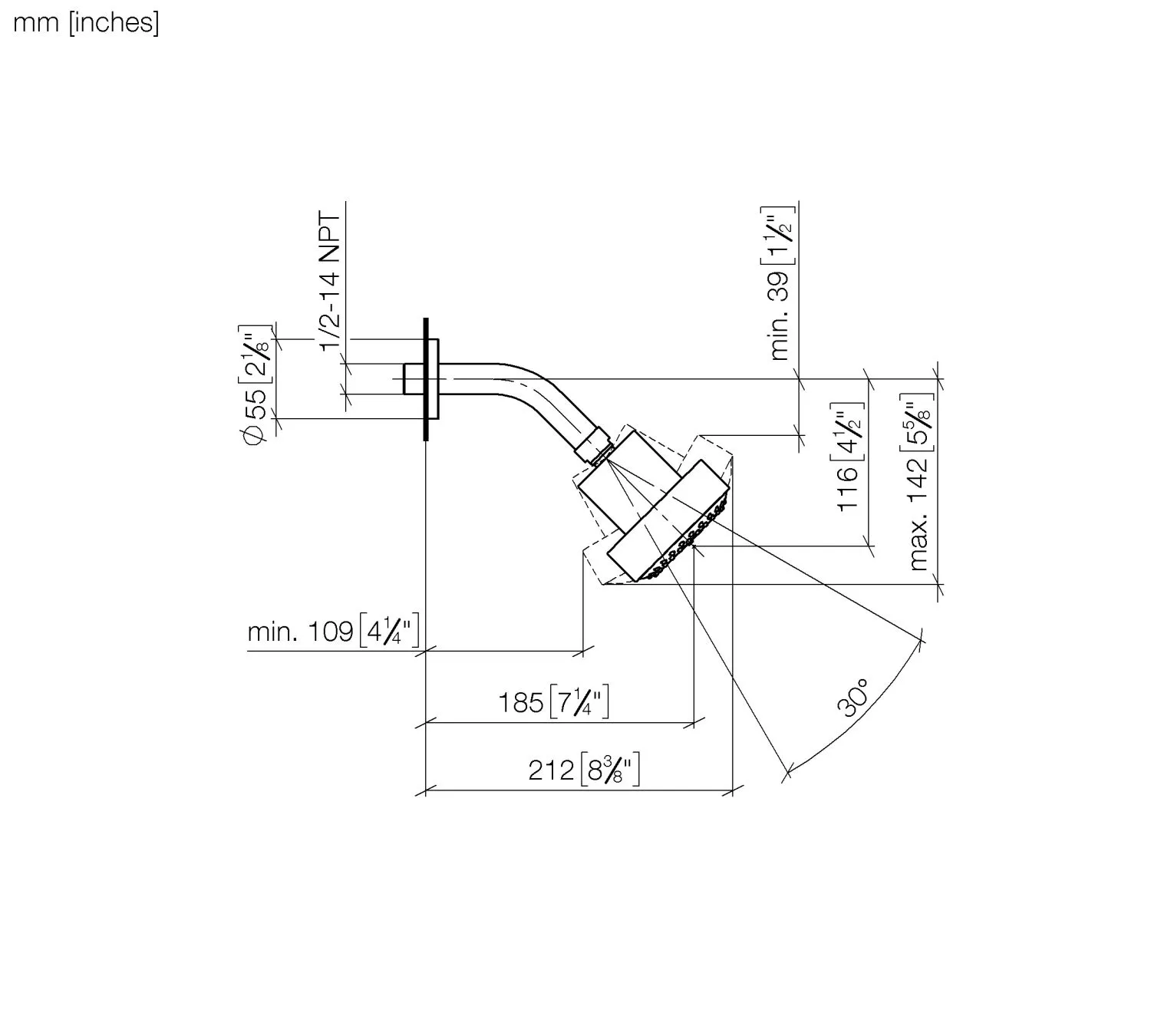 Dornbracht Kopfbrause FlowReduce - Dark Brass gebürstet, Ausladung 200 mm, Kugelgelenk 30° schwenkbar, dreifach verstellbar: COMPACT RAIN, COMPACT SOFT FLOW, COMPACT AQUAPRESSURE FLOW, Durchfluss max. 6,8 l/min (bei 3 Bar), Brausekopf Ø 92 mm, Rosette Ø