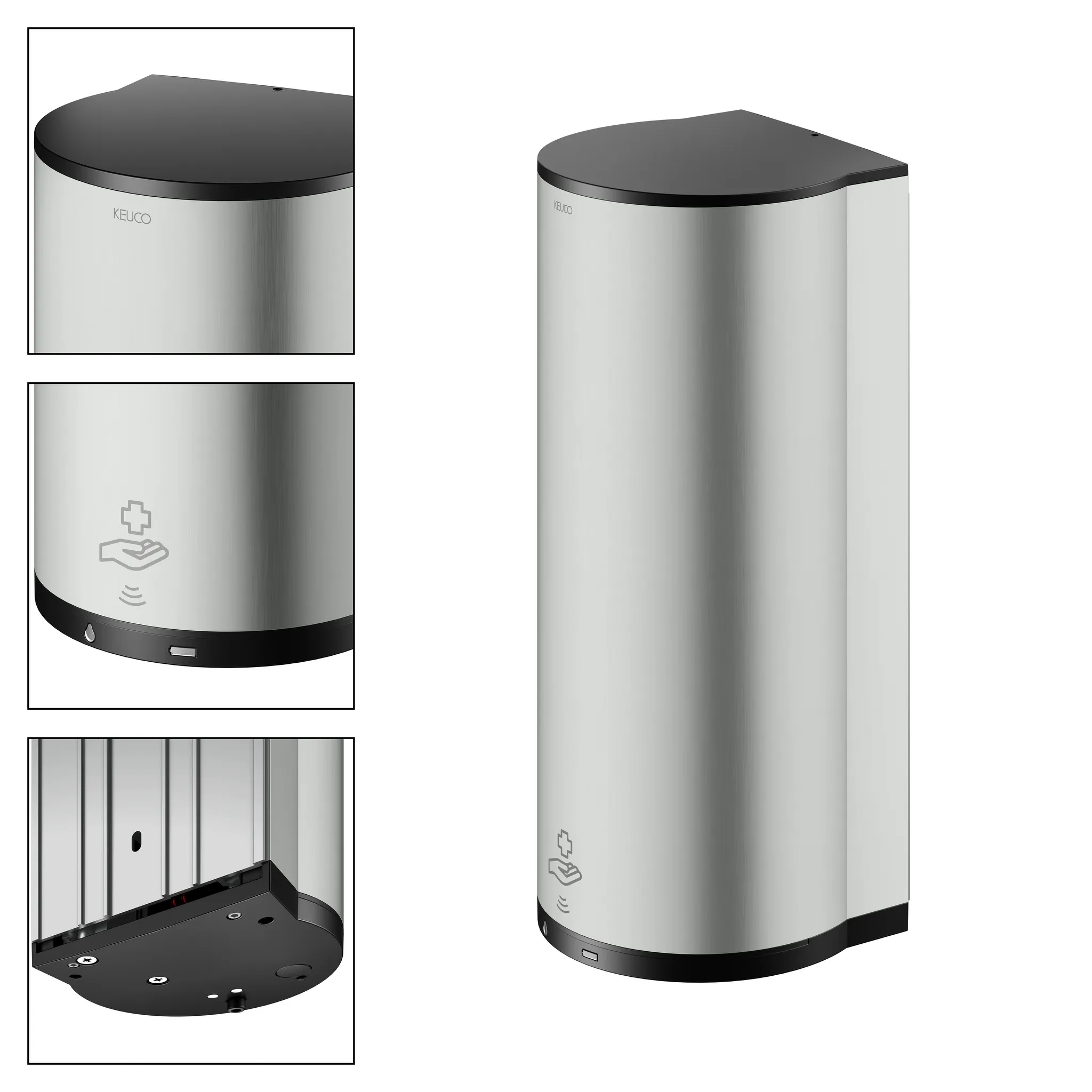 KEUCO PLAN Sensor-Desinfektionsmittelspender für Flüssigdesinfektion und Desinfektionsgel, Edelstahl-finish / schwarz