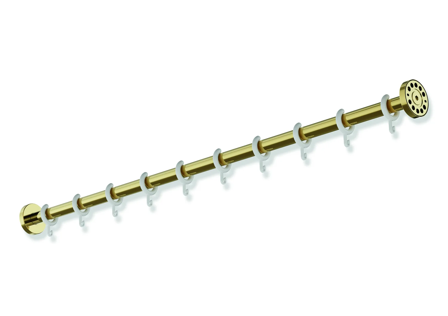 HEWI Vorhangstange System 900, Sonderlänge 400–1500 mm, Edelstahl PVD gold glänzend, Durchmesser 25 mm, mit Vorhangringen aus POM HEWI Vorhangstange System 900, Sonderlänge 400–1500 mm, Edelstahl PVD gold glänzend, Durchmesser 25 mm, mit Vorhangringen aus POM