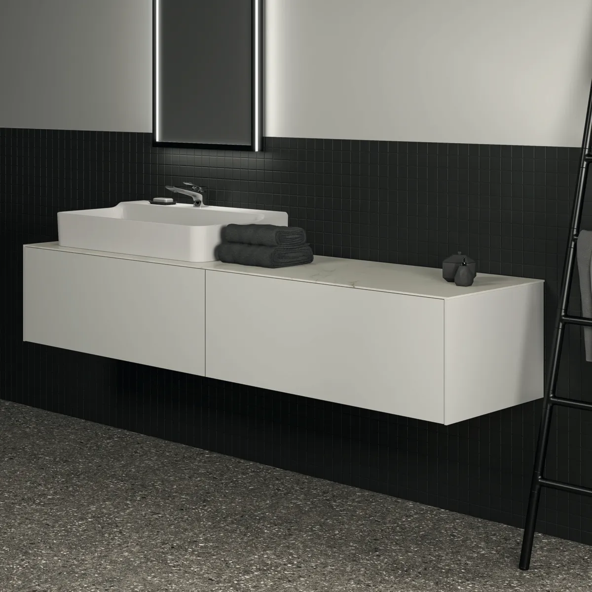Waschtischplatte Conca, aus Keramik, 1987x505x6mm, Marmor Noir Desir