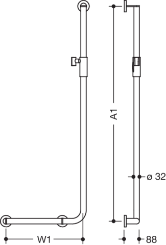 Winkelgriff mit Brausehalter, Sonderlängen, Edelstahl, schliff, waagerechte Länge auf Maß von 300 bis 850 mm, senkrechte Länge auf Maß von 600 bis 1250 mm, D: 32 mm, Ausführung links, mit magnetischem Brausehalter
