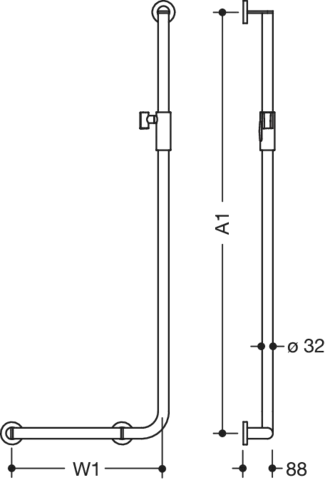 Winkelgriff mit Brausehalter, Sonderlängen, Edelstahl, schliff, waagerechte Länge auf Maß von 300 bis 850 mm, senkrechte Länge auf Maß von 600 bis 1250 mm, D: 32 mm, Ausführung links, mit magnetischem Brausehalter Winkelgriff mit Brausehalter, Sonderlängen, Edelstahl, schliff, waagerechte Länge auf Maß von 300 bis 850 mm, senkrechte Länge auf Maß von 600 bis 1250 mm, D: 32 mm, Ausführung links, mit magnetischem Brausehalter