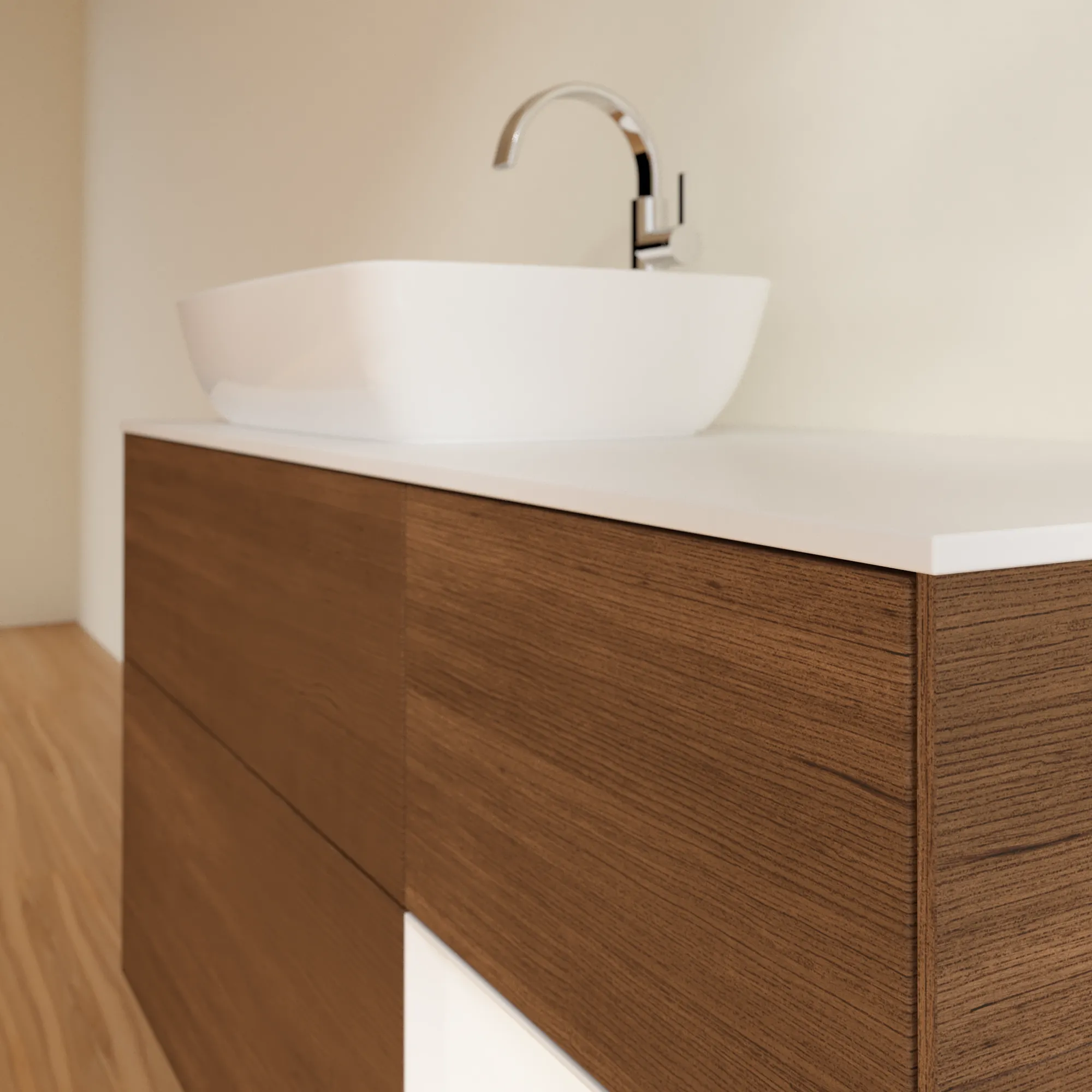Villeroy & Boch Waschtischunterschrank „Finion“ für Schrankwaschtisch 1200 × 603 × 501 mm Walnut Veneer, für Becken links, mit Hahnlochbohrung Villeroy & Boch Waschtischunterschrank „Finion“ für Schrankwaschtisch 1200 × 603 × 501 mm Walnut Veneer, für Becken links, mit Hahnlochbohrung