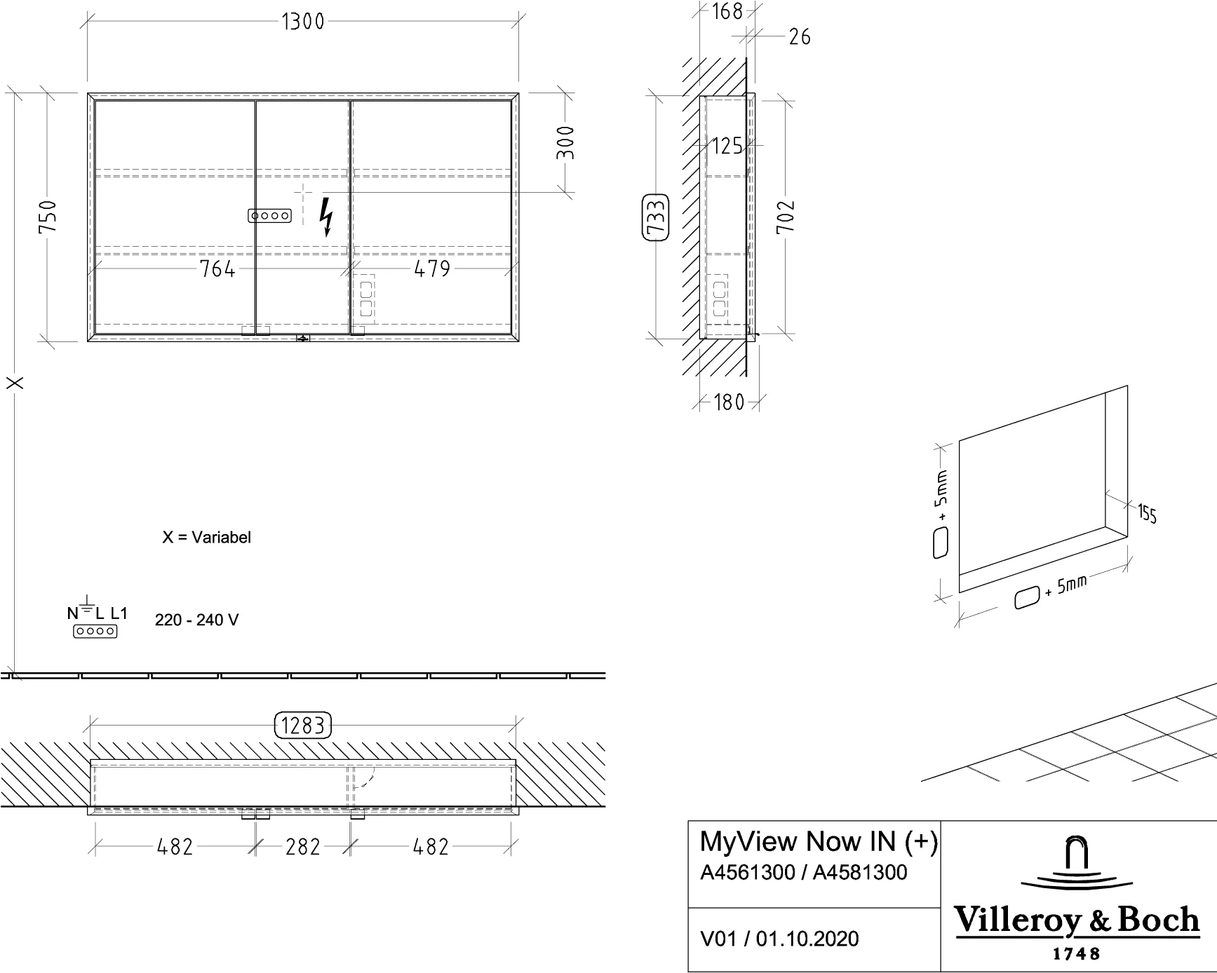 Villeroy & Boch Einbau-Spiegelschrank My View Now A45613, 1300 x 750 x 168 mm