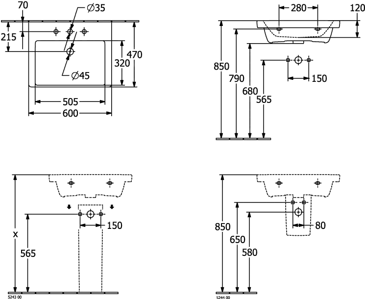 Villeroy & Boch Wandwaschtisch aus TitanCeram „Subway 3.0“ 600 × 470 × 165 mm, ohne Hahnlochbohrung, Hahnlochposition mittig in Weiß Alpin Villeroy & Boch Wandwaschtisch aus TitanCeram „Subway 3.0“ 600 × 470 × 165 mm, ohne Hahnlochbohrung, Hahnlochposition mittig in Weiß Alpin