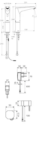 Waschtisch-Armatur XERIS E, Elektronisch, HD-K large - Hochdruck Kaltwasser / vorgemischtes Wasser, Infrarot, Steckernetzteil 9 VDC, 100 - 240 VAC, 50 - 60 Hz, chrom