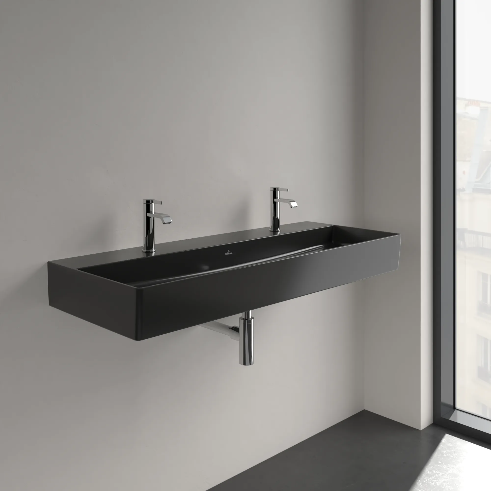 Villeroy & Boch Wandwaschtisch aus TitanCeram geschliffen „Memento 2.0“ 1200 × 470 × 150 mm, Hahnlochposition links und rechts, mit Hahnlochbohrung in Pure Black Villeroy & Boch Wandwaschtisch aus TitanCeram geschliffen „Memento 2.0“ 1200 × 470 × 150 mm, Hahnlochposition links und rechts, mit Hahnlochbohrung in Pure Black