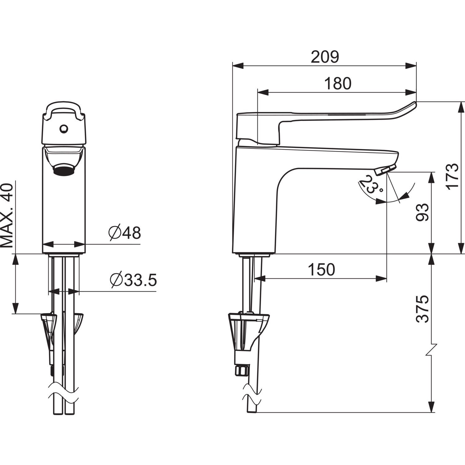 EHM Waschtischbatterie CLINICA 4523 Anschluss über Kupferrohre Bügelhebel Bedienungshebel lang Ausladung 150 mm DN15 Chrom