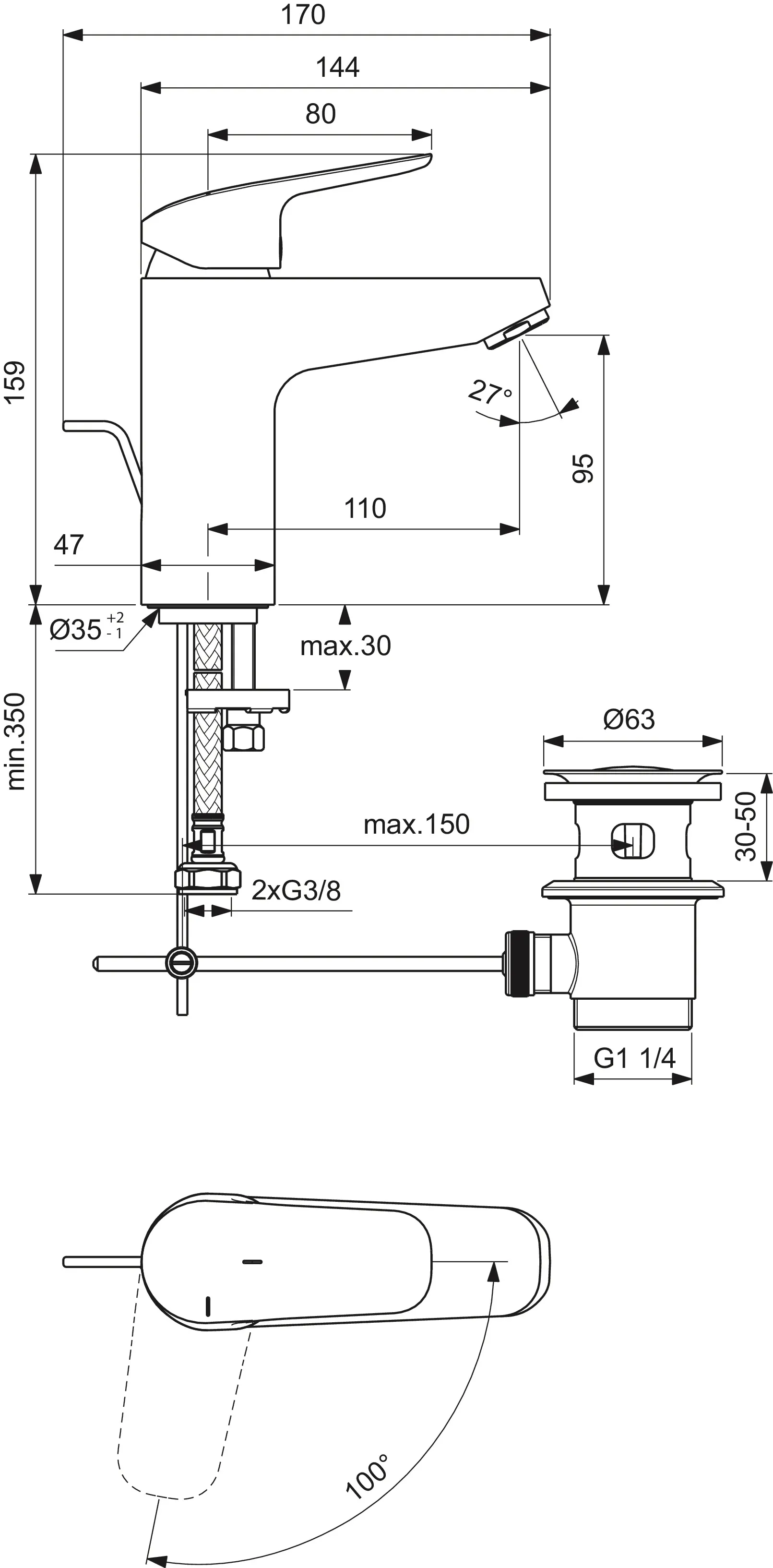 Waschtischarmatur Ceraflex, Grande, 5l/min., BlueStart, mit Ablaufgarnitur, Ausladung 110mm, Chrom Waschtischarmatur Ceraflex, Grande, 5l/min., BlueStart, mit Ablaufgarnitur, Ausladung 110mm, Chrom