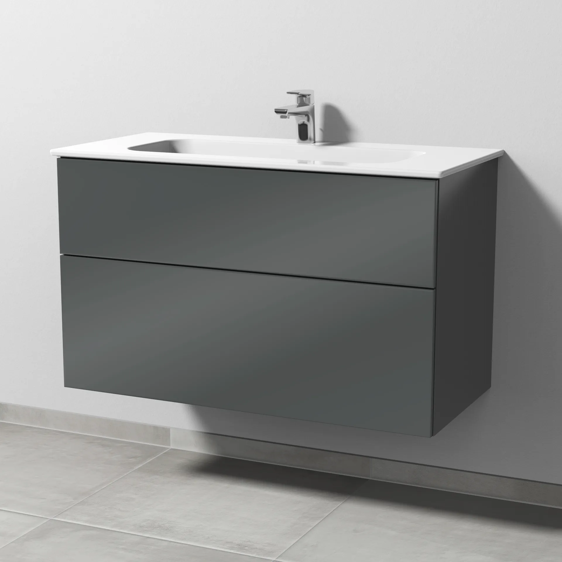 Keramik-Waschtisch-Set mit Waschtischunterschrank „3way“ 97 × 46 × 58,2 cm in Anthrazit (glanz), mit Hahnlochbohrung, Becken mittig