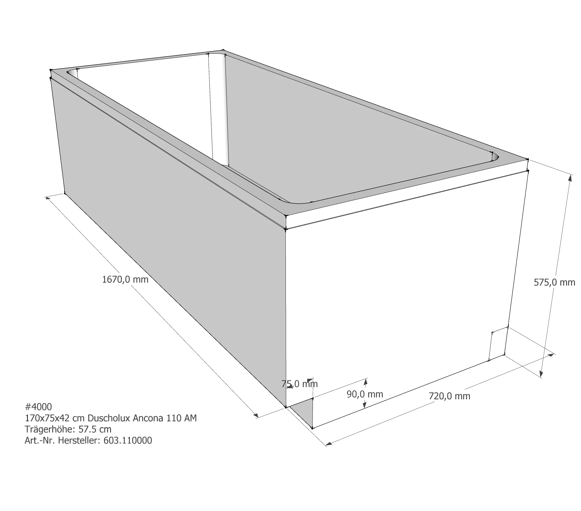 Badewannenträger für Duscholux Ancona 170 × 75 × 42 cm