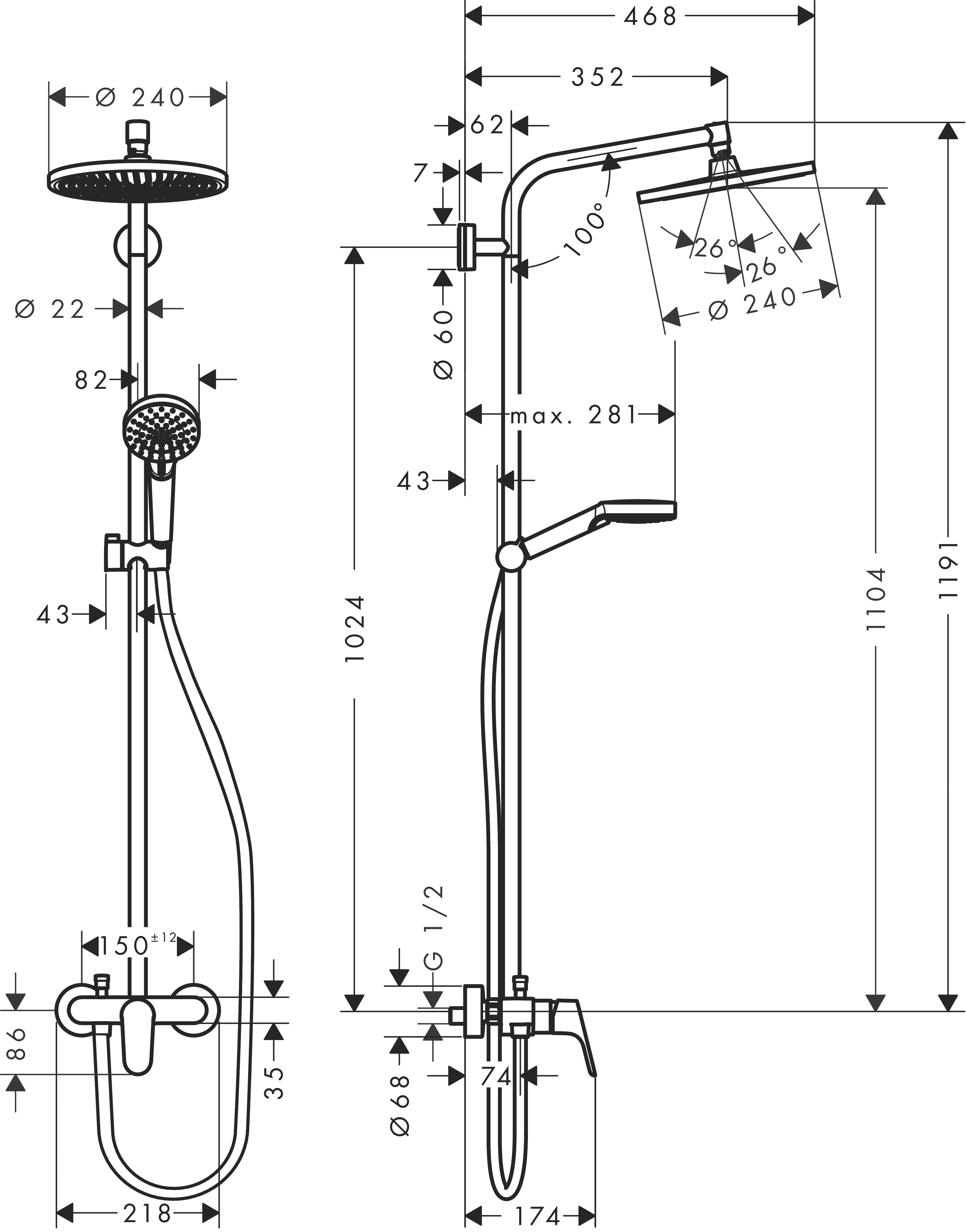 Showerpipe Crometta S 240 Einhebelmischer chrom