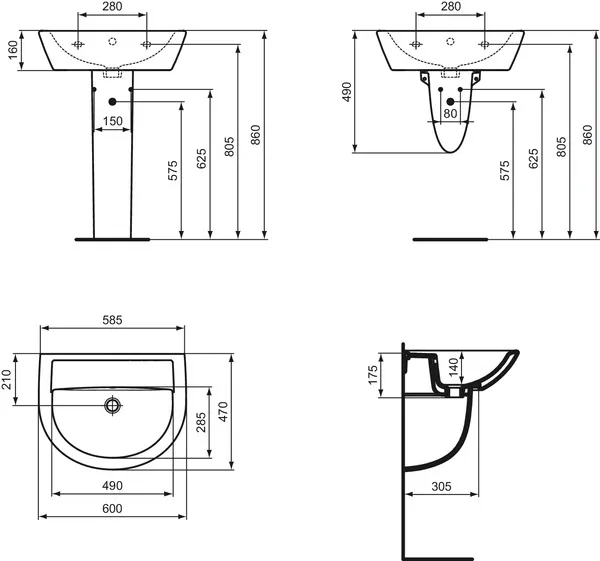 Waschtisch Eurovit, ohne Hahnloch, mit Überlauf, 600x470x160mm, Weiß Waschtisch Eurovit, ohne Hahnloch, mit Überlauf, 600x470x160mm, Weiß