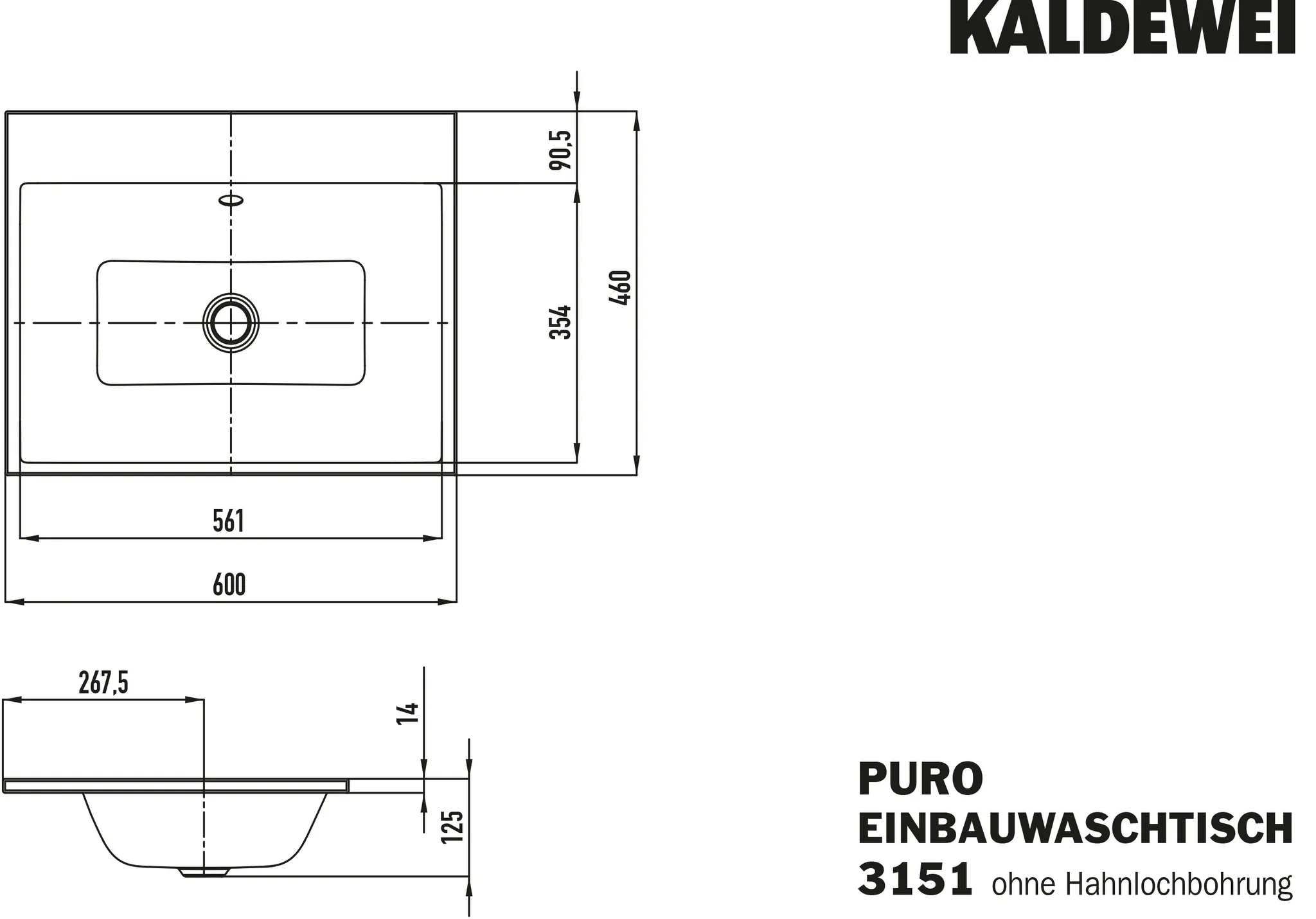 Einbauwaschtisch „Puro“ 60 × 46 cm, mit Überlauf, ohne Hahnlochbohrung in alpinweiß mit Perl-Effekt