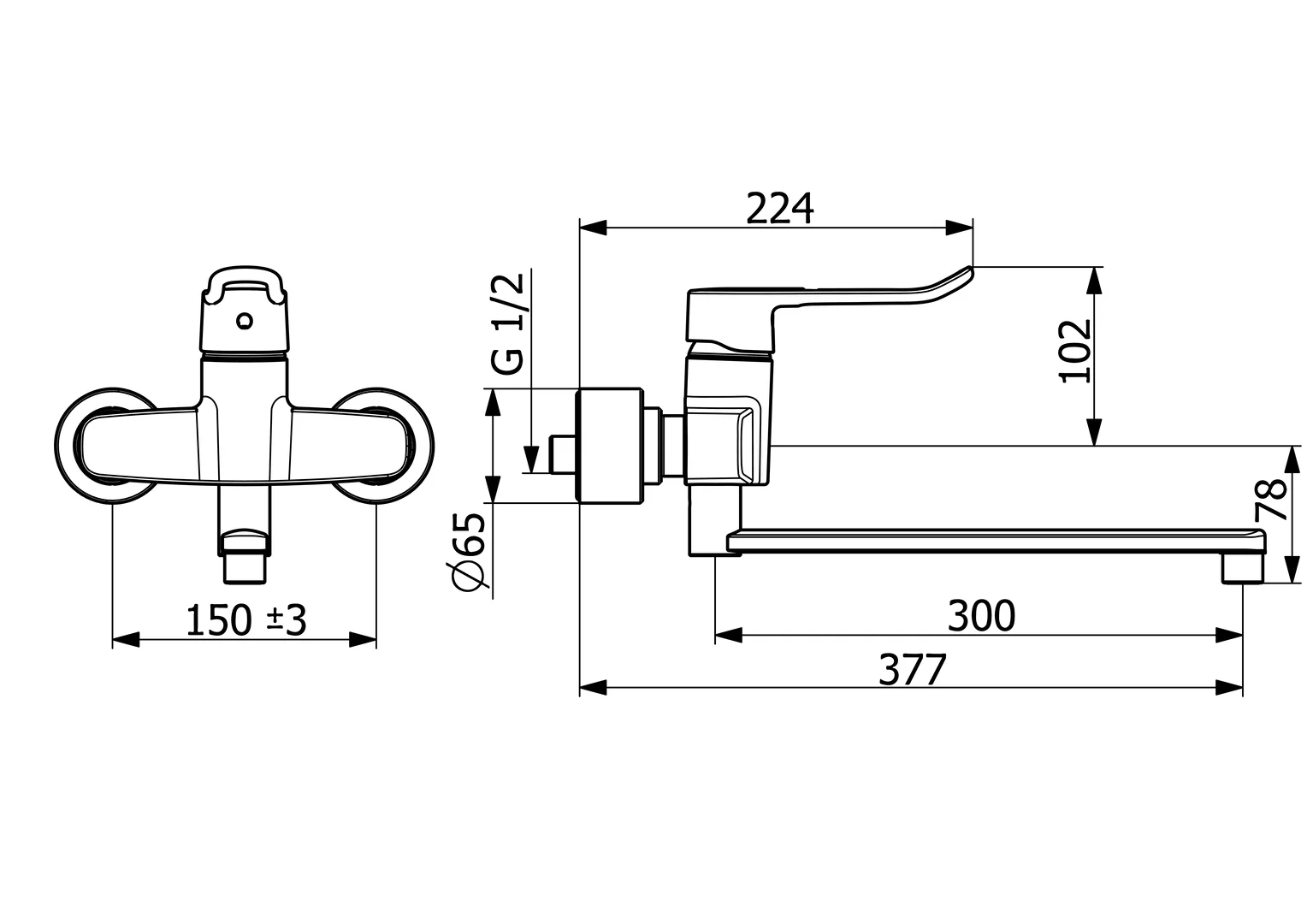 HansaCLINICA Einhebelmischer Waschtischbatterie Bügelhebel lang Ausladung 377 mm DN15 Chrom