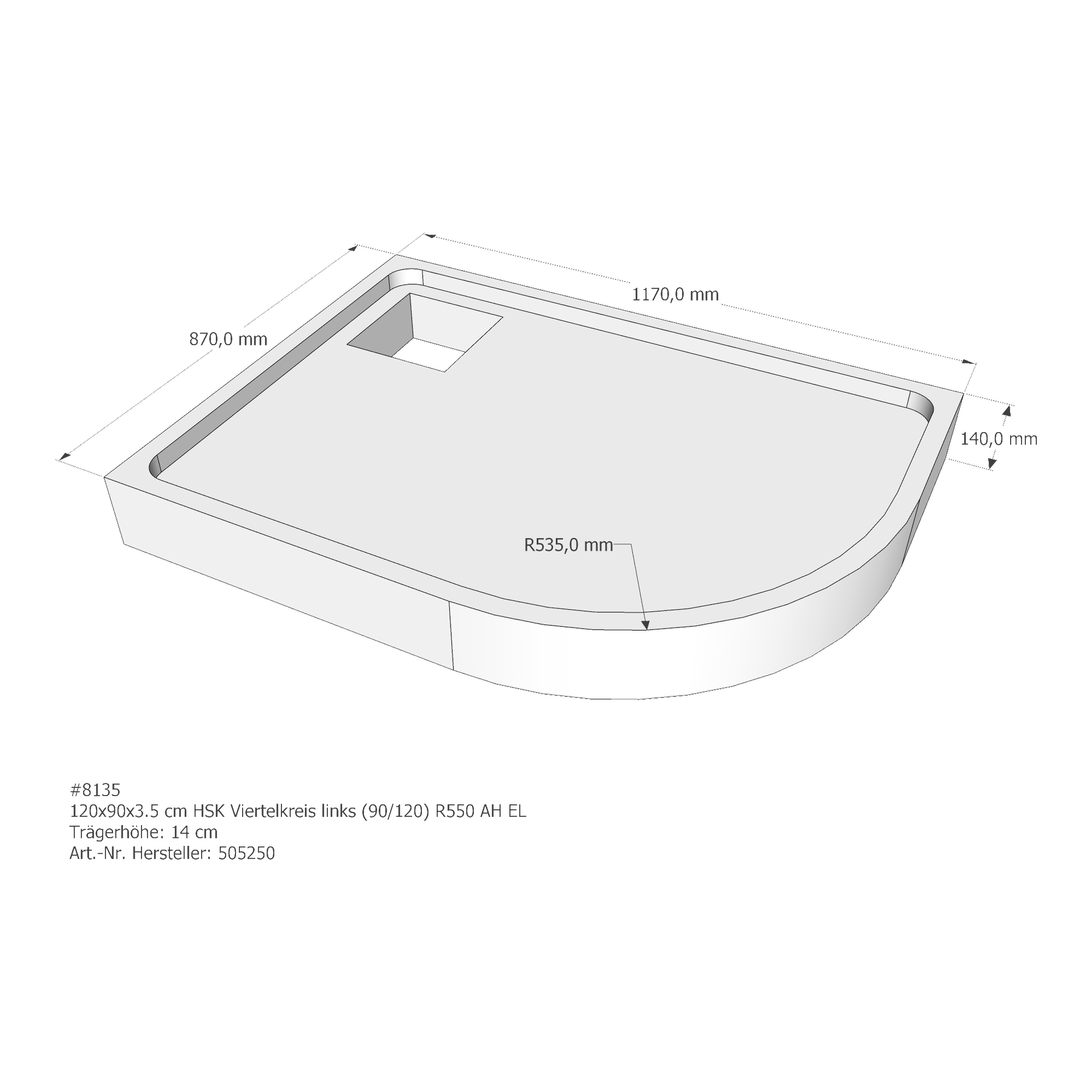 Duschwannenträger HSK Viertelkreis links superflach 90x120x2,5 cm R550 AH