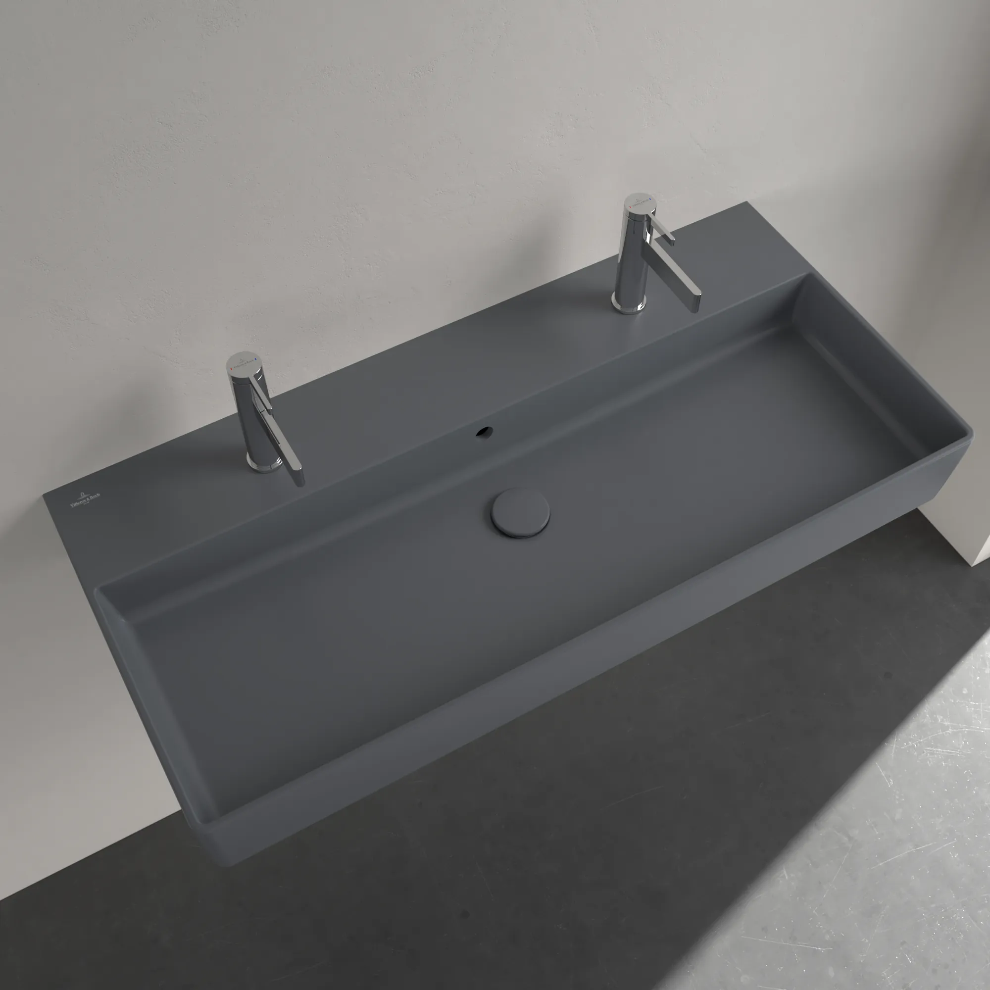 Villeroy & Boch Wandwaschtisch aus TitanCeram geschliffen „Memento 2.0“ 1000 × 470 × 135 mm, Hahnlochposition links und rechts, mit Hahnlochbohrung in Graphite
