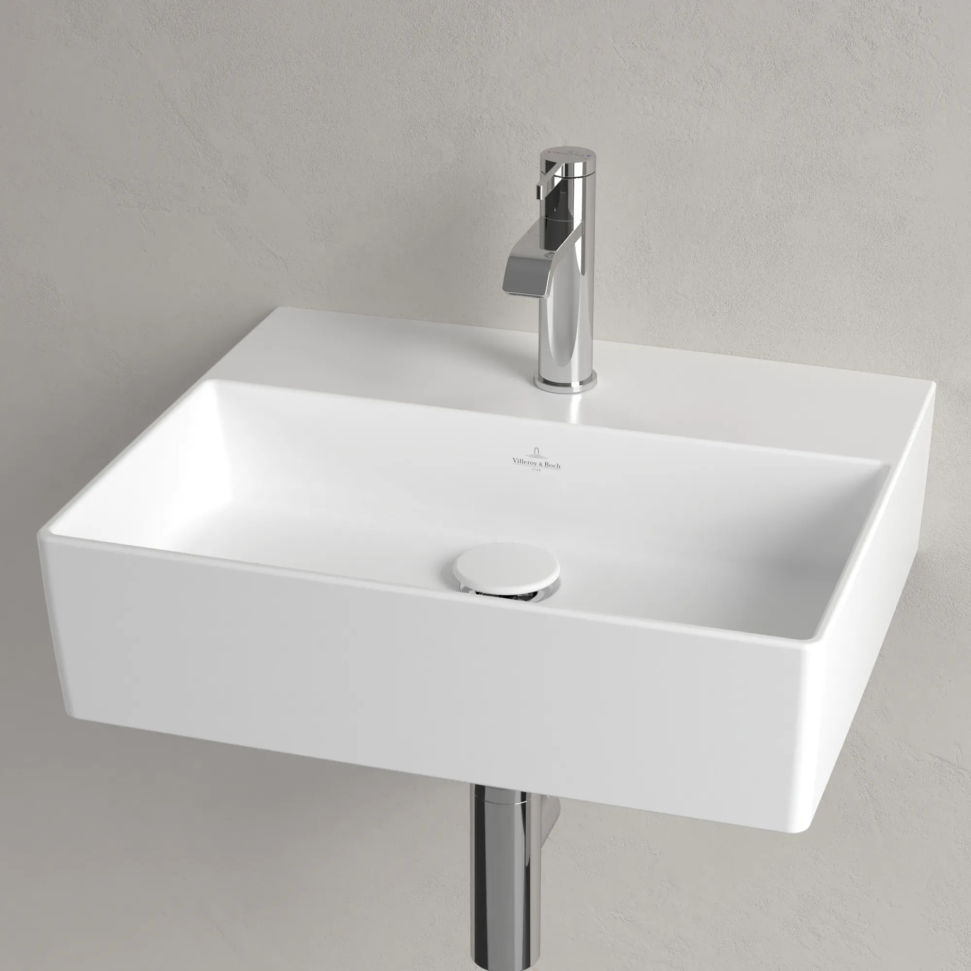 Villeroy & Boch Memento 2.0 Wandwaschbecken, 50 x 42 cm, 14 cm hoch, Stone White CeramicPlus, TitanCeram, matt, 3-Loch Armatur Villeroy & Boch Memento 2.0 Wandwaschbecken, 50 x 42 cm, 14 cm hoch, Stone White CeramicPlus, TitanCeram, matt, 3-Loch Armatur